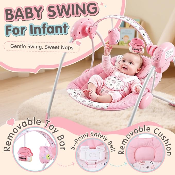 Baby Swing for Infants, Compact Foldable with 5 Speeds, Music & Soothing Vibration, Cute Floral Pattern Soft Cushion Seat,Timer & Removable Bar, Indoor Use, 0-9 Months (6-20 lbs) Pink