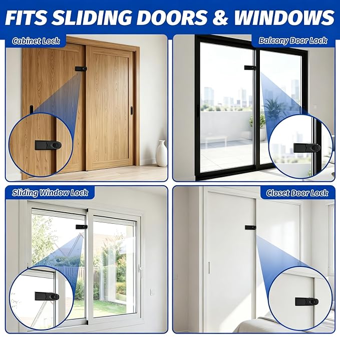 Sliding Door Lock 4 Pack –Black Child Safety Sliding Glass Door Lock, No-Drill Adhesive Lock for Windows, Closets & Patio Doors, Baby Proof Stopper for Home Security
