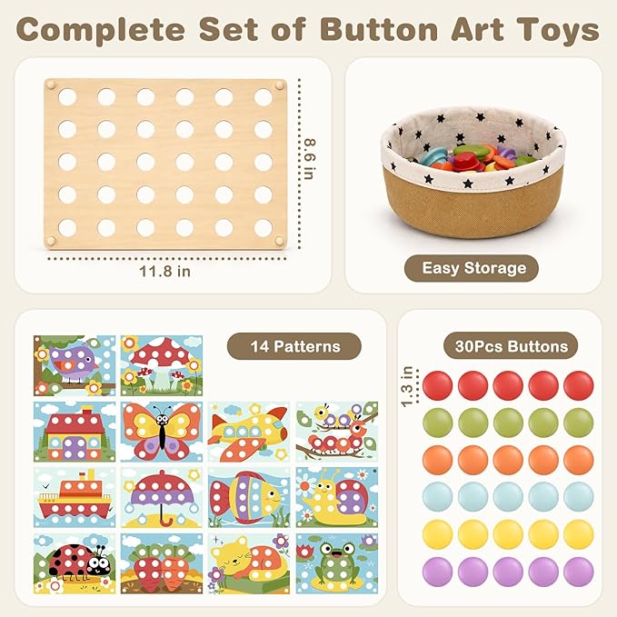 Joyreal Montessori Toys for 2 Year Old, Wooden Button Art Toys for 2 3 4 Year Old Girls Boy Birthday Gifts, Color Matching Puzzle Pegboard Button Game for Learning Educational Toys for Toddlers 2-4