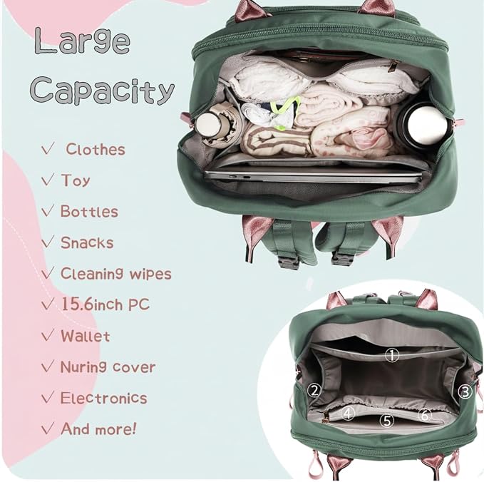 LORADI 18 Pockets Large Diaper Bag Backpack with 4 Insulated Pockets and Stroller Clips, Baby Shower Essentials (Sage, Extra-large)