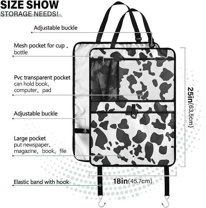 JIPONI Car Backseat Organizer, Cow Print 3 Automotive Back Seat Protector, Kick Mats with Storage Pockets for Kids Pets, Road Trip Accessories