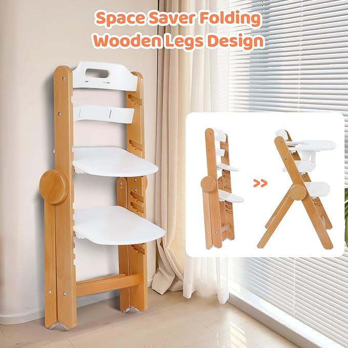 Ezebaby Foldable Wooden High Chair, No-Tools Adjustable Baby High Chair for Toddlers to Adult, Space-Saving Space Highchairs with Double Tray & Washable Cushion (Modern White)