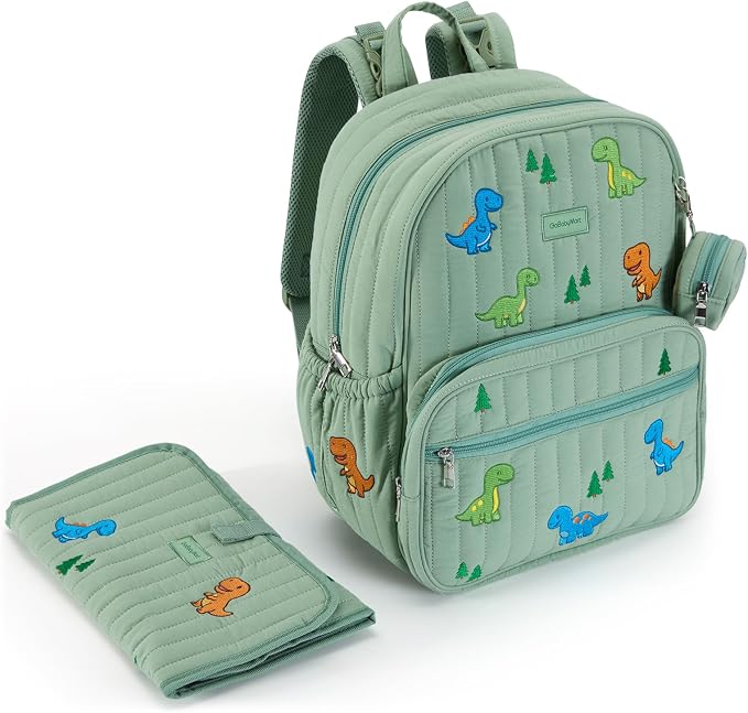 GOBABYMART Large Diaper Bag Backpack with Changing Pad, Insulated Bottle Pockets, Travel & Hospital Bag for Mom & Dad (Large - Green Dinosaurs)