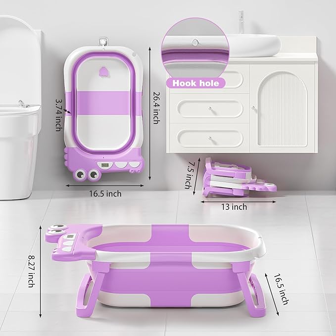 Collapsible Baby Bathtub for Newborn, Foldable Baby Bath Tub with Thermometer & Soft Floating Cushion & Drain Hole, Portable Travel Infant Bath Tubs for Newborns to Toddlers 0-36 Months Girls