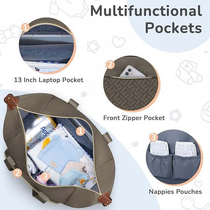 Tenot Diaper Bag Tote with Pacifier Case, Baby Bag for Women with Shoulder Straps, Travel Diaper Tote for for Mom and Dad Medium Size, Khaki