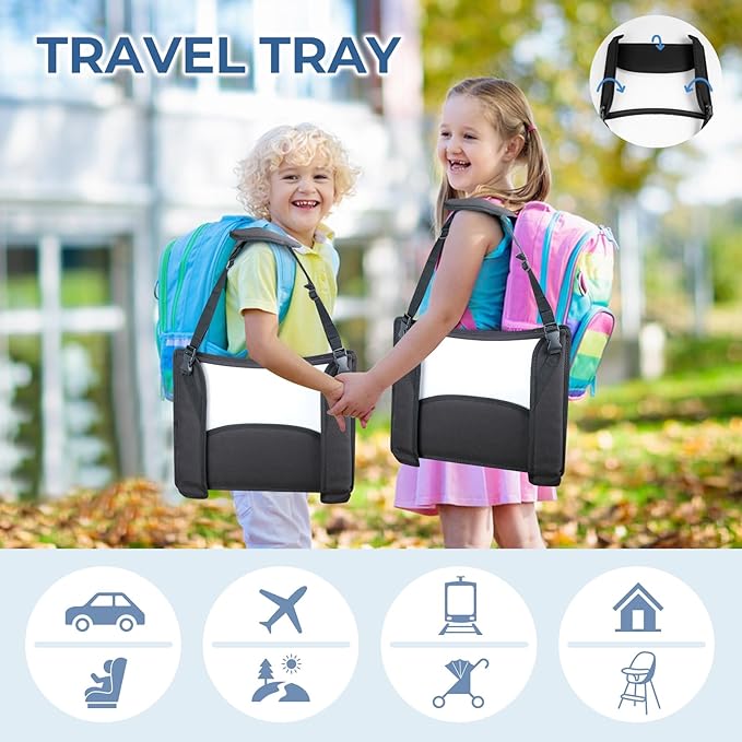 COOLBEBE Kids Travel Tray for Toddler Car Seat, Travel Tray for Airplane, Toddler Car Seat Lap Tray, Carseat Table Tray for Kids Travel Activities (Black -2PCS)