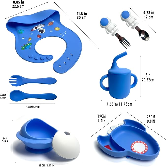 8 PCS Silicone Baby Feeding Set, Astronaut Theme, Spoons, Fork, Silicone Bibs, Baby Sippy Cups, Plate Bowl Set Baby Eating Essentials Led Weaning Toddler (Blue)
