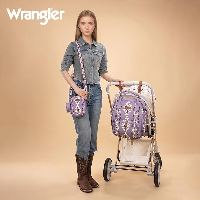 Montana West Wrangler Callie Diaper Bag Backpack with Pacifier Case, Crossbody Bottle Bag and Stroller Straps Western Pattern Multifunction Baby Travel Bag Set WG2215-9110LV