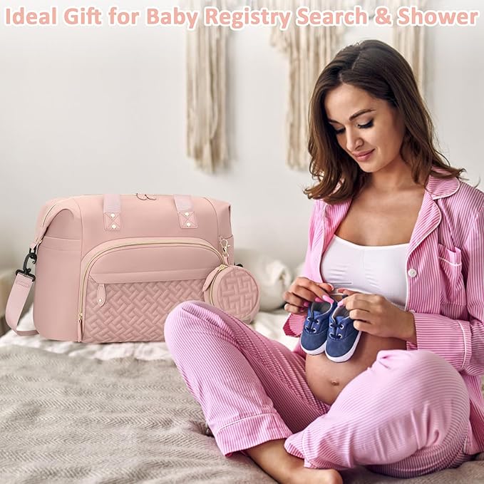 Tenot Diaper Bag Tote with Pacifier Case, Baby Bag for Women with Shoulder Straps, Travel Diaper Tote for for Mom and Dad Pink
