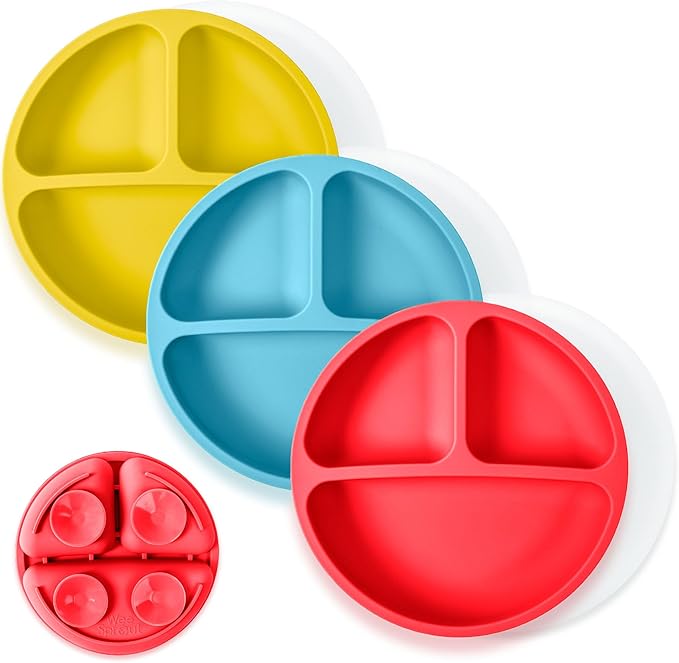 WeeSprout Suction Plates with Lids for Babies & Toddlers - 100% Silicone, Dinnerware Stays Put, Divided Design for Picky Eaters, Microwave & Dishwasher Friendly, 3 Pack