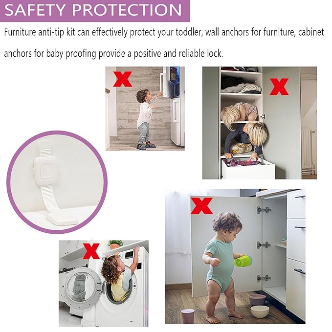 Upgraded No Drill Adhesive Furniture Anchor, Adjustable Anti Tip Furniture Wall Straps for Baby Proofing & Pets, 2Pack