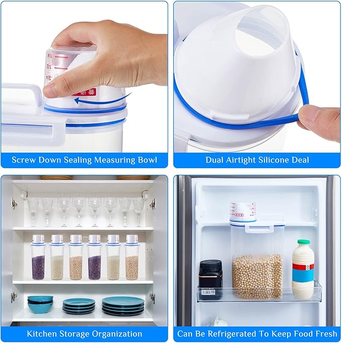 Suclain 6 Pcs Rice Airtight Storage Container 3 to 5Lbs with Pour Spout,Measuring Cup Food Storage Holder Dispenser for Oatmeal Flour Grain & Pet Cat Dog Food Container