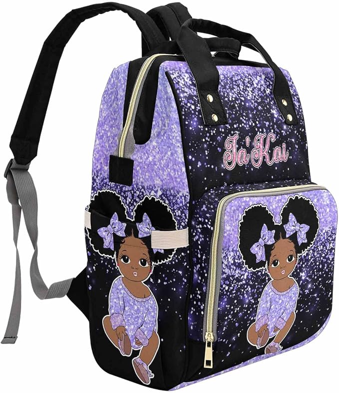 M YESCUSTOM Custom Purple Glitter Diaper Bag for Women, Personalized Name Multifunction Nylon Nursing Mommy Daypack with Large Capacity for Travel, Birthday Mother's Day Gift