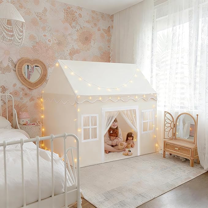 Tiny Land Play Tent with Padded Mat & LED Lights, Kids Tent, Playhouse for Kids, Indoor Bed Tent for Toddler, Toys for 3,4,5,6-Year-Old Girls, Neutral Color Play Room Furniture