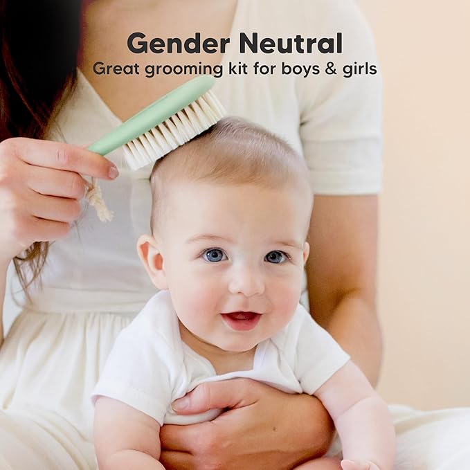 Wooden Baby Hair Brush for Toddler Girls, Boys - Cradle Cap Brush for Babies, Soft Goat Bristles, Perfect Gentle Scalp Newborn Comb for Infant, Girls, Boys, Bath Essentials (Sage, Regular)