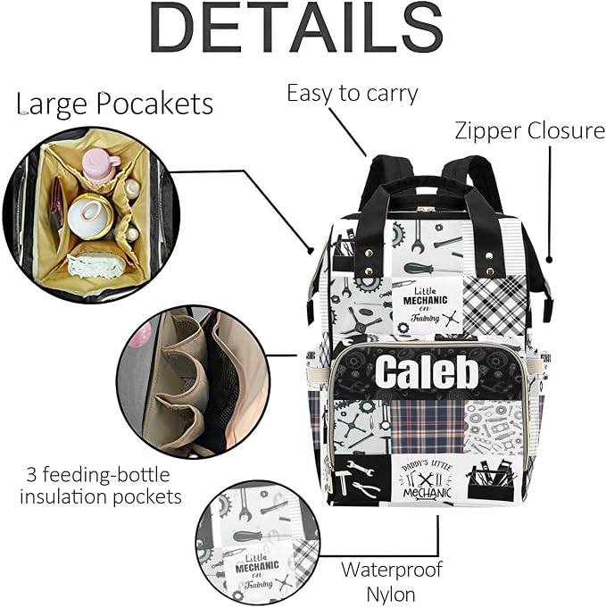 Custom Mechanic Diaper Bag Backpack for Mom Personalized Name Large Nappy Nursing Orangizer Mommy Bags, Waterproof Travel Daypack for Dad Mom Gifts