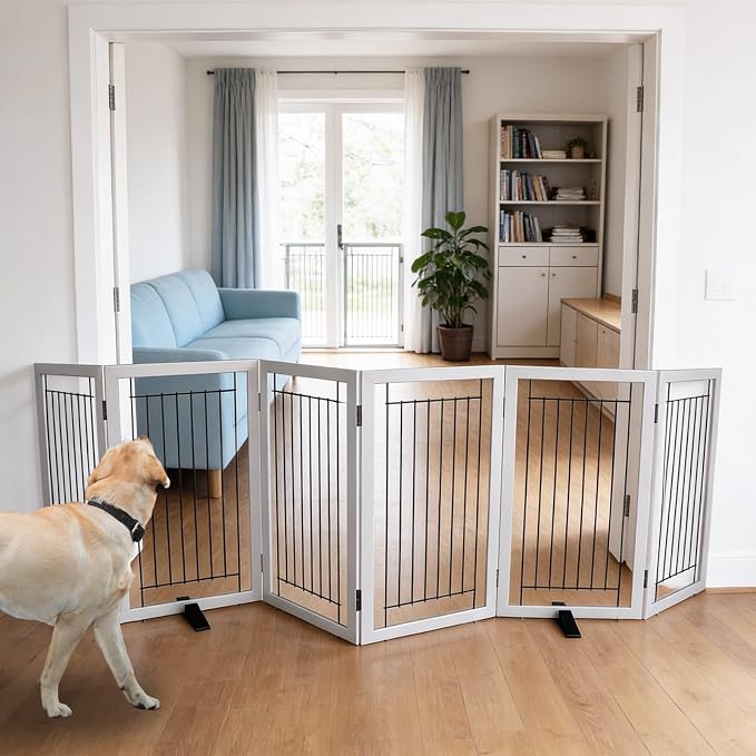 Dog Fence Indoor - 6-Panel Freestanding Dog Gate for Doorways, Hallways, House or Stairs -120x32-Inch Retractable Foldable Expandable Wood Pet by SFJC (Grey)