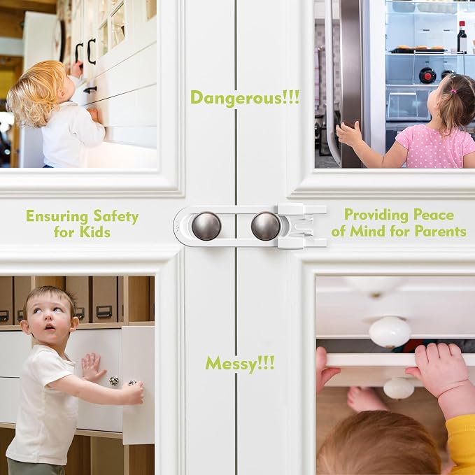 6 Pack Adjustable Cabinet Locks for Babies, U-Shaped Baby Proofing Child Locks for Kids Toddlers Safety, Sliding Door latches for Cabinets, Drawer, Closet, Fridge, Door Knob Handle, Kitchen Home Safe