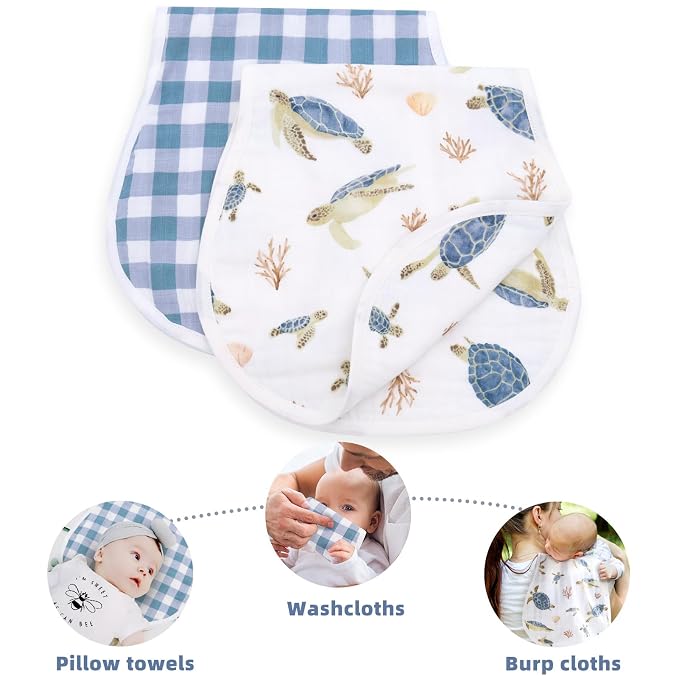 LifeTree Muslin Baby Burp Cloths - 2 Pack 70% Viscose from Bamboo and 30% Cotton Large 22'' by 10.6'' Absorbent Milk Spit Up Rags - Burping Cloths for Newborn, Girls Boys, Sea Turtle & Blue Checkered