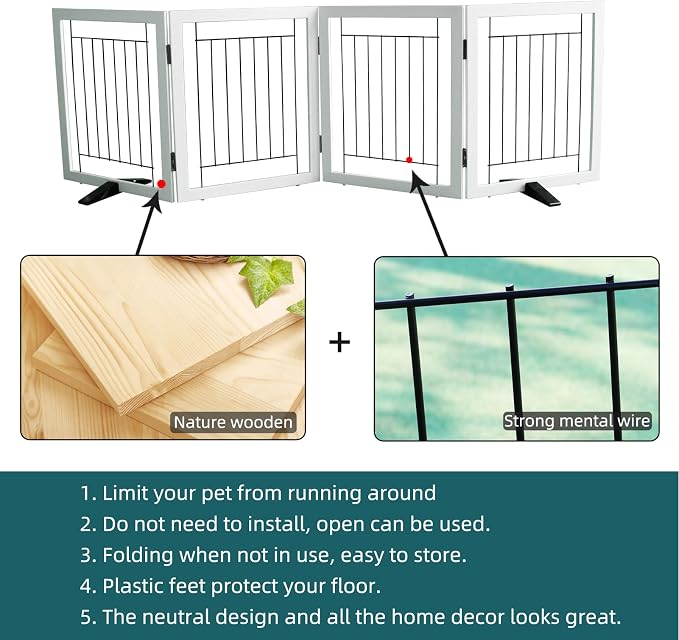 Dog Fence Indoor - 4-Panel Freestanding Dog Gate for Doorways, Hallways, House or Stairs -80x24-Inch Retractable Foldable Expandable Wood Pet by SFJC (White)