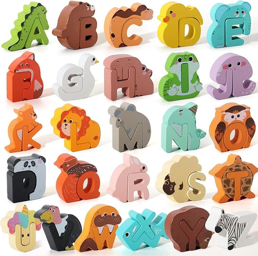 52 Pieces Matching Game, Wooden Alphabet Animal Puzzles for Toddlers, ABC Peg Puzzles for Kids Ages 3-5, Preschool Learning Activities Toys