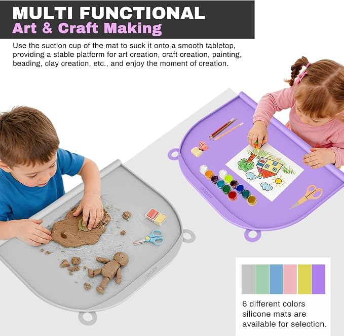 Large Silicone Suction Table Mat, 17" x 12" Thick Placemat with Edge-Bumper, Raised Edge Leakproof, Non-Slip for Kids Toddler Baby Essentials Dinning, Restaurant Eating, Plates, Art, Craft & Painting