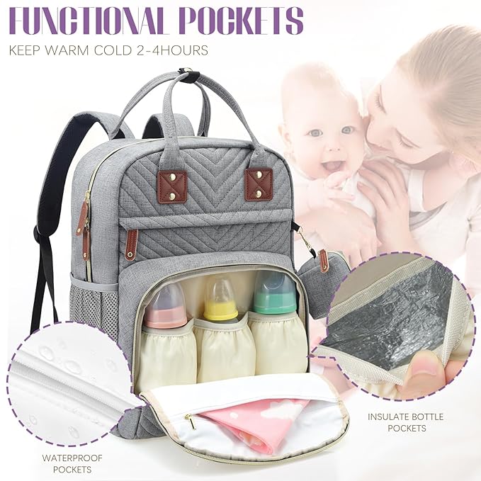 Tuwubi Diaper Bag Backpack with Changing Pad,Baby Essentials, Multi function Waterproof Backpack with Stroller Straps & Pacifier Case Light Grey