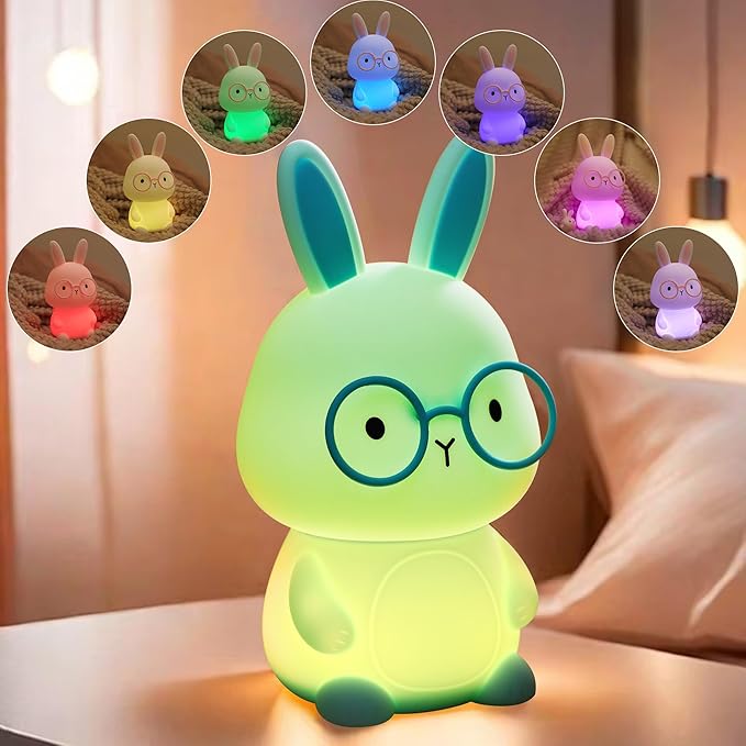Bunny Night Light for Kids, Soft Silicone Nursery Lamp, 7-Color Glow, 3-Level Dimmable Warm Light, Tap Control, 30Min Timer, Rechargeable, BPA-Free, Easter & Birthday Gift, Baby Room Decor, Green