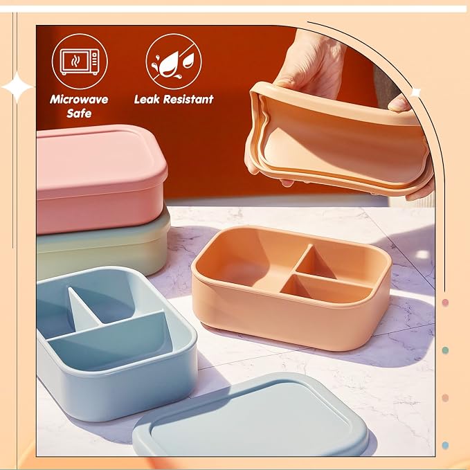 Layhit 2 Pcs Silicone Bento Box for Adults, 27 oz Bento Lunch Container Reusable Food Container for Women Men, Leak Proof Microwave Dishwasher Freezer Safe (3 Compartments,Dark Red,Green)