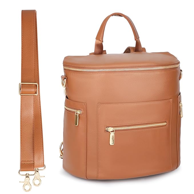 miss fong Diaper Bag Backpack Baby Diaper Bag, Large Leather Diaper Backpack with 16 Pockets Travel Diaper Bag with Diaper Changing Pad, Stroller Straps & 2 Insulated Pockets (Regular, Cognac)