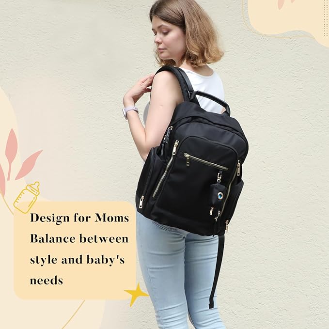 miss fong Diaper Backpack - Mommy & Dad Diaper Bag with Dispenser, 16 Pockets, Large Capacity, Travel & Baby Shower Gifts - Dark Black