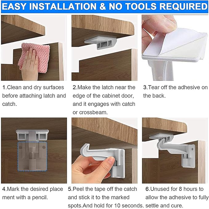 4 Pack Upgraded Version Cabinet Locks Baby Proofing, Children Proof Cupboard Drawers Latches, No Drilling or Tools Required for Installation, Works with Cabinets & Drawers, Adhesive Easy Installation
