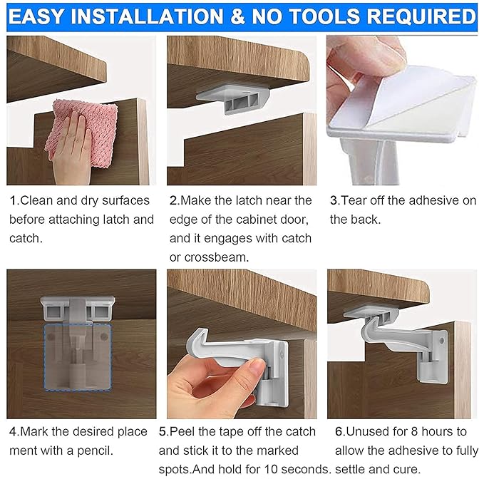 6 Pack Upgraded Invisible Baby Proofing Cabinet Latch Locks - No Drilling or Tools Required, Children Proof Cupboard Drawers Latches, Works with Most Cabinets and Drawers - Adhesive Easy Installation