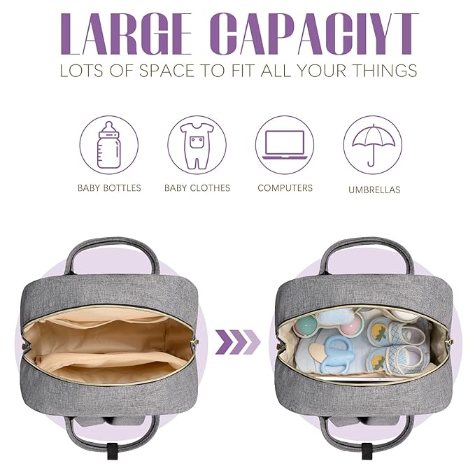 Tuwubi Diaper Bag Backpack with Changing Pad,Baby Essentials, Multi function Waterproof Backpack with Stroller Straps & Pacifier Case Light Grey