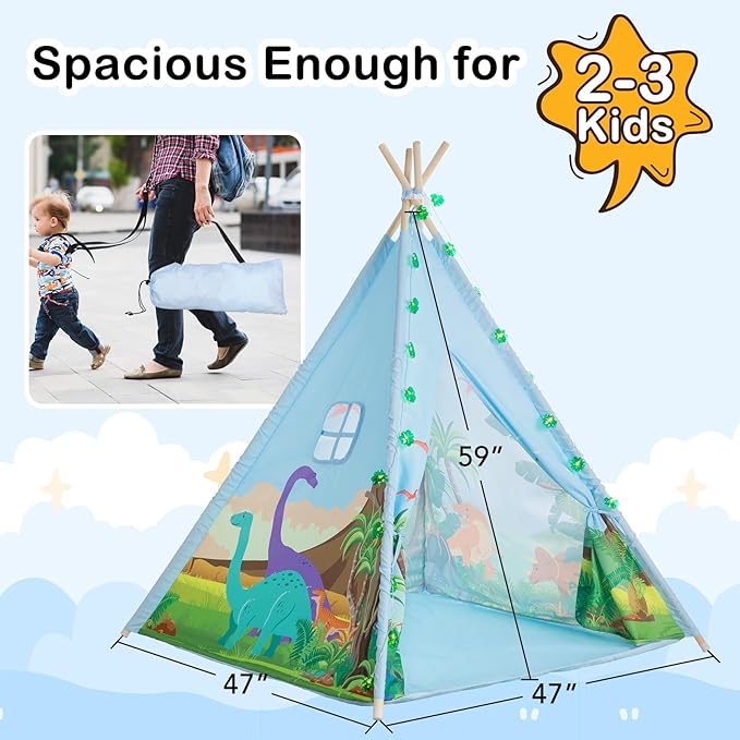 BRINJOY Teepee Tent for Kids, Toddlers Dinosaur Play Tent with LED String Lights, Foldable Children Teepee Tent Toy w/Storage Bag, Indoor Outdoor Pretend Playhouse Gift for Boys Girls Ages 3+