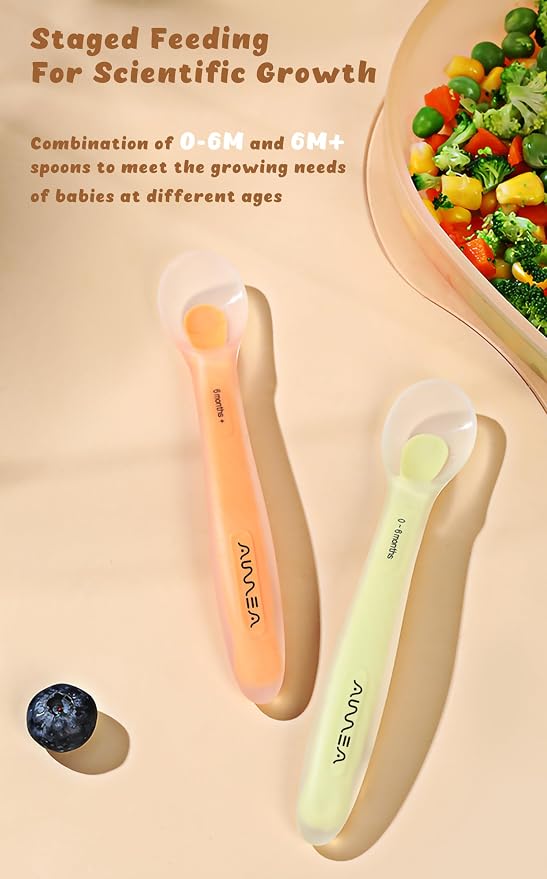 Baby Spoons 2-Pack | Soft Silicone First Stage Feeding Spoon Set with Travel Case | Stage-Based Design for 0-6m & 6m+ | BPA-Free, Gum-Friendly for Infant & Toddler | Lime + Peach