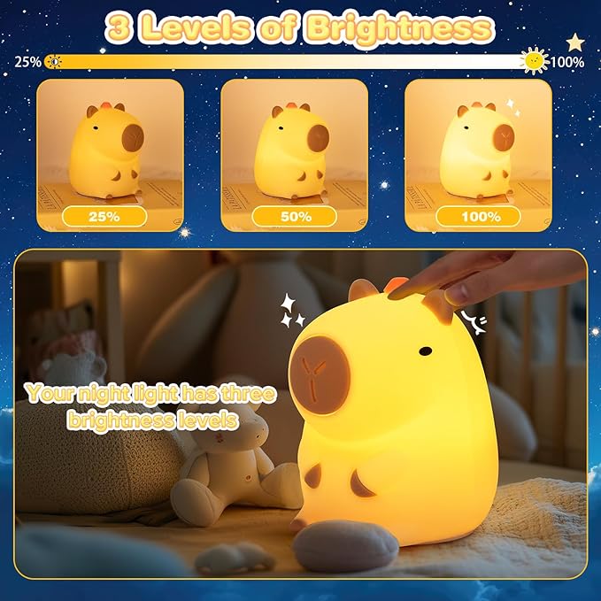 Night Light for Kids, Rechargeable Dimmable Silicone LED Nightlight, Baby Nursery Night Lamp, Touch Squishy Lamp, Cute Gifts for Girls, Boys, Toddler Room Decor, Capybara