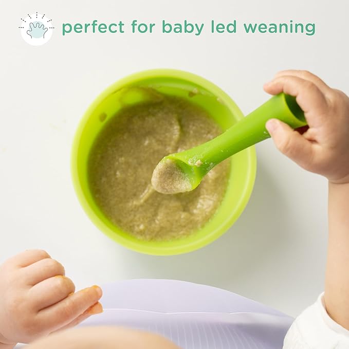 Olababy Training Spoon Set (Coral/Lilac) + Olababy Clear Sense Silicone Storage Containers 4pk (Lilac, 4 oz)