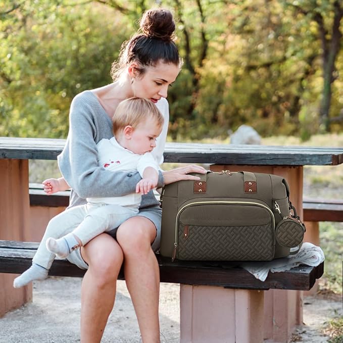Tenot Diaper Bag Tote with Pacifier Case, Baby Bag for Women with Shoulder Straps, Travel Diaper Tote for for Mom and Dad Medium Size, Khaki