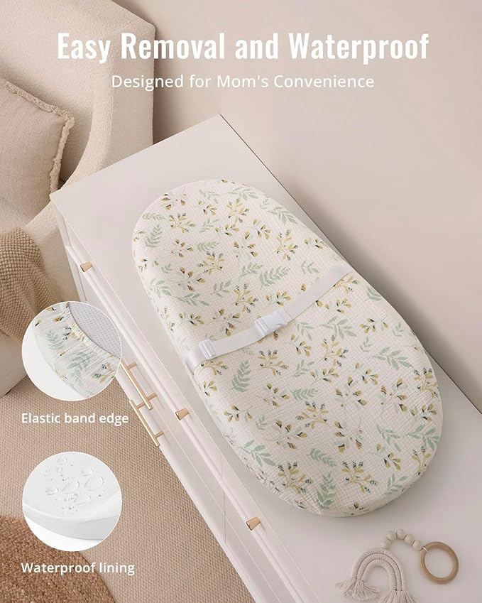 Blissful Diary Muslin Baby Changing Pad with Waterproof Lining Foam, Baby Changing Table Pad with Cover for Dressers (Botanical Leaf, Avocado)
