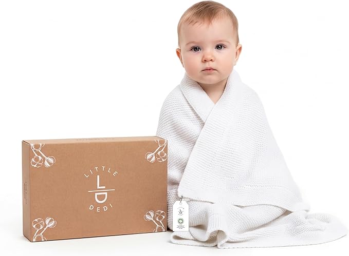 100% Organic Cotton Baby Knitted Blanket with Gift Box - Soft Toddler, Crib, Stroller Blanket - Neutral Swaddle and Receiving Blanket for Newborns, 30"x40", White
