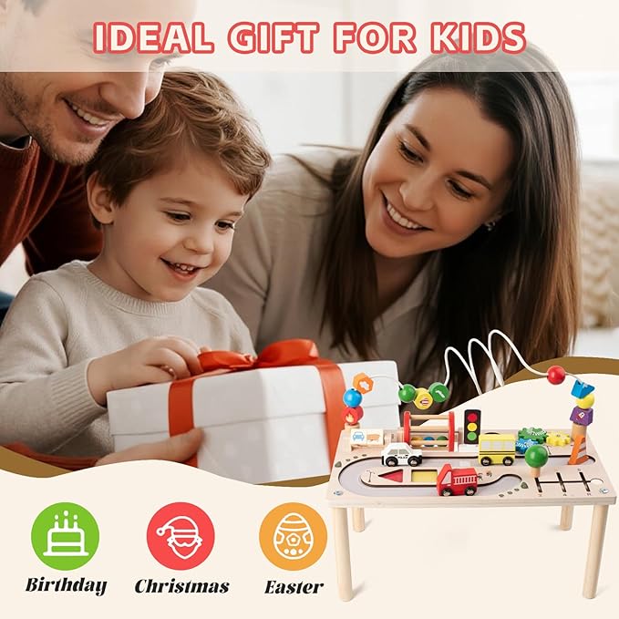 Activity Table for 1 Year Old, 8 in 1 Multi-Colorful Montessori Toys, Baby Activity Table with Bead Maze & Shape Sorter, Toddler Sensory Educational Learning Toys for Birthday Gift Boys Girls
