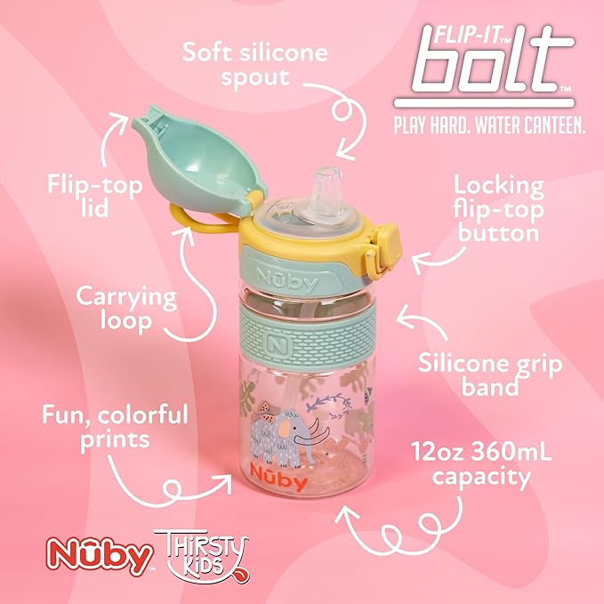 Nuby Thirsty Kids Flip-It Bolt Toddler Cup with Push-Button Locking Flip-Top and Silicone Spout - 12 oz - Easy-Grip and Spill-Resistant - 18+ Months - Mammoths