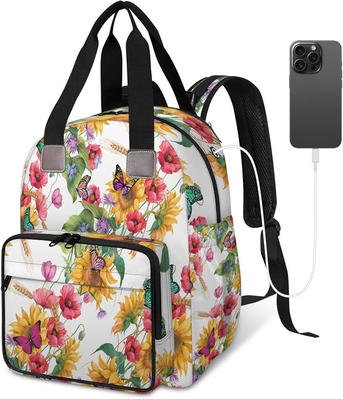 Butterfly Sunflower Flowers Diaper Bag Backpack-Multi-functional mother and baby bag Thermal compartment USB charging port Large capacity Multi-pocket organizer Stroller can be hung Travel shopping