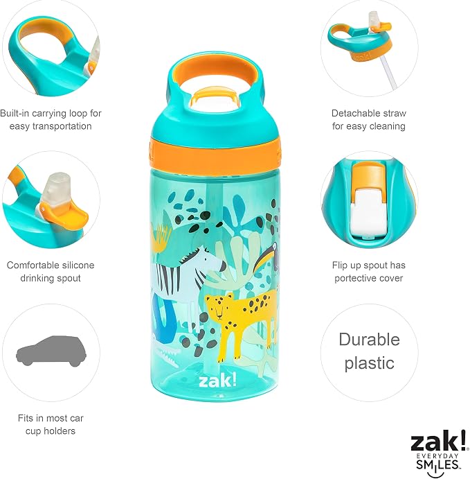 Zak Designs 5-Piece Dinnerware Set, Safari - Durable Plastic & Stainless Steel - Includes Water Bottle, 8-Inch Plate, 6-Inch Bowl, Fork & Spoon - Suitable for Kids Ages 3+