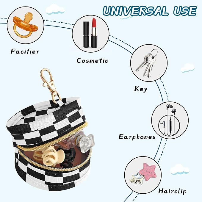 Pacifier Holder with Clip Pacifier Case for Diaper Bag Round Baby Pacifier Pouch Box Bag Portable Checkered Black and White