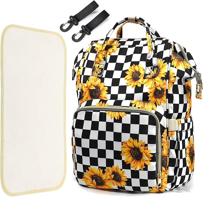 LIMHOO 3 in 1 Diaper Bag Backpack, Multifunction Large Baby Bags with Changing Pad & Stroller Straps, Waterproof Nappy Bag for Mom Baby Care (Checkered Sunflower)