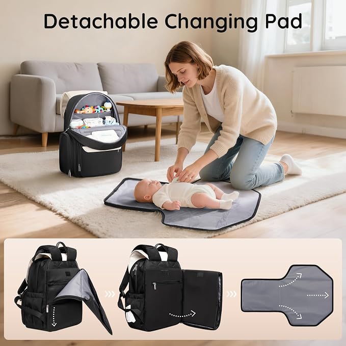 Mancro Small Diaper Bag Backpack with Changing Pad, Stylish Diaper Bag with Insulated Bottle Pocket, Water Resistant Baby Bags for Mom for Travel with Stroller Straps, Black-White