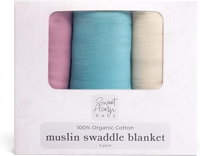 Muslin Swaddle Blanket ??Soft Cotton Muslin Baby Blanket for Newborns, Infants, and Toddlers, All-Season Comfort Baby Essential - Purple, Teal, White