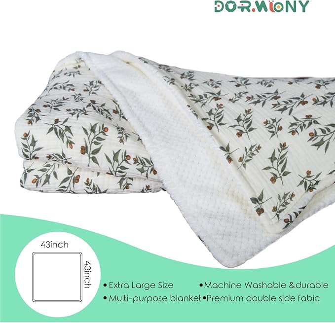 Soft & Breathable Baby Organic Cotton Muslin Blanket with Warm Flannel Lining, Unisex Crib Blanket for Toddlers, Large 43x43 Inches (Flower)